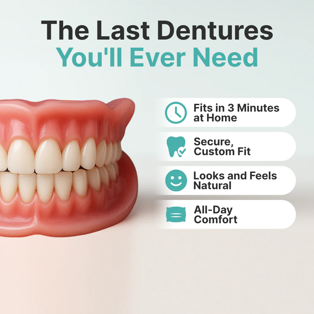 Perfect Dentures with AdvancedSize & Shape Memory Fit /Automatically locks to theappropriate size, perfectly fittingevery mouth.