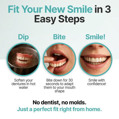 Perfect Dentures with AdvancedSize & Shape Memory Fit /Automatically locks to theappropriate size, perfectly fittingevery mouth.
